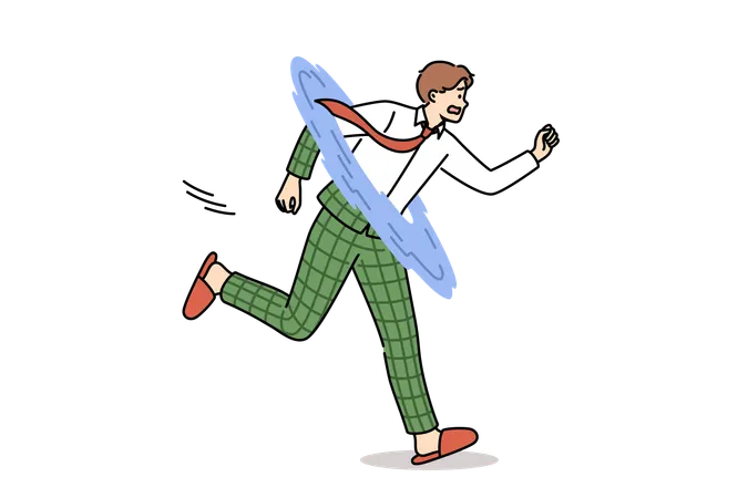 Geschäftsmann teleportiert sich und wechselt unterwegs die Kleidung, während er versucht, zur Arbeit zu kommen und die Frist einzuhalten  Illustration