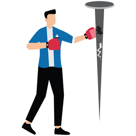 Geschäftsmann mit Boxhandschuhen Boxen schlägt Nagel vor ihm  Illustration