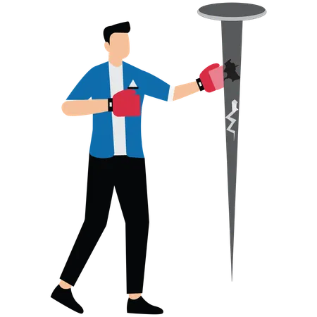 Geschäftsmann mit Boxhandschuhen Boxen schlägt Nagel vor ihm  Illustration