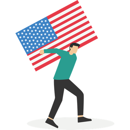 Geschäftsmann trägt riesige mit Flagge der Vereinigten Staaten von Amerika  Illustration