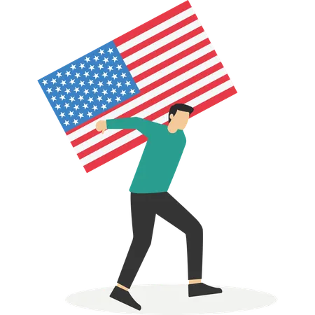 Geschäftsmann trägt riesige mit Flagge der Vereinigten Staaten von Amerika  Illustration