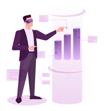 Geschäftsmann trägt VR-Brille und analysiert den Aktienmarkt  Illustration