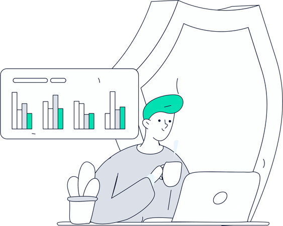 Geschäftsmann trinkt Kaffee, während er Computersicherheit implementiert  Illustration