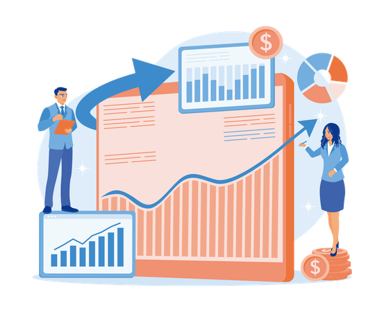 Geschäftsmann und Assistent analysieren Finanzdiagramme und -tabellen mit einem Tablet  Illustration