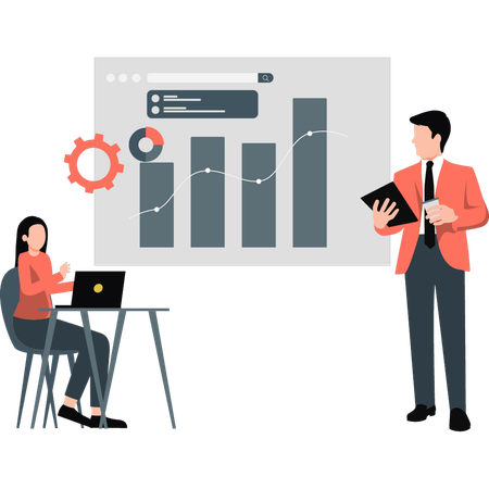 Geschäftsmann und Frau diskutieren Analysediagramm  Illustration