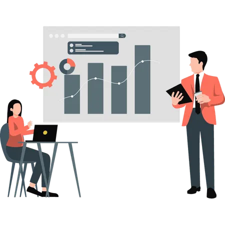 Geschäftsmann und Frau diskutieren Analysediagramm  Illustration