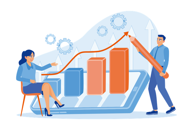 Geschäftsmann und Frau erstellen Finanz- und Börsencharts mit dem Handy  Illustration