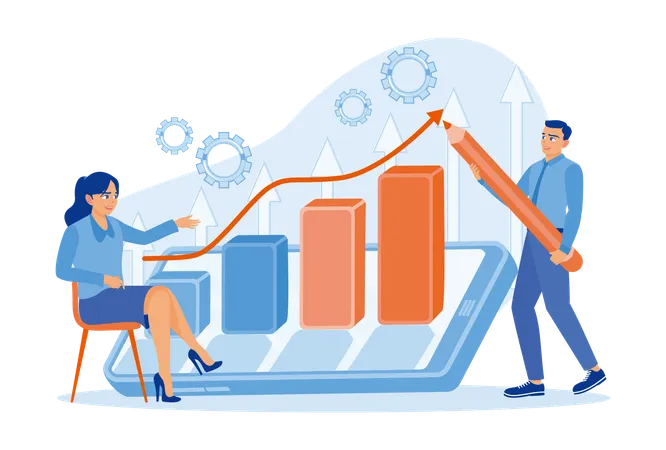 Geschäftsmann und Frau erstellen Finanz- und Börsencharts mit dem Handy  Illustration