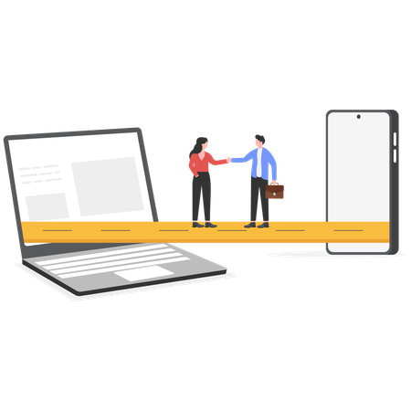 Geschäftsmann und Frau machen Online-Geschäftsabschluss  Illustration