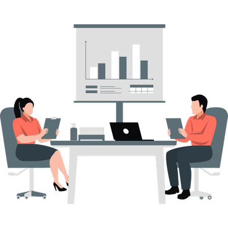 Geschäftsmann und Frau reden über Geschäftsdiagramm  Illustration