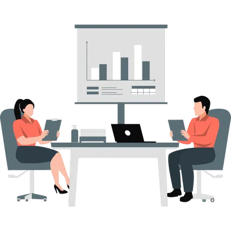 Geschäftsmann und Frau reden über Geschäftsdiagramm  Illustration