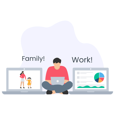 Geschäftsmann, der Familie und Beruf zusammenführt  Illustration