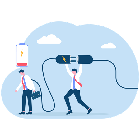 Geschäftsmann verbindet elektrischen Stecker mit Stromquelle, um schwache Batterie aufzuladen erschöpft Geschäftsmann Arbeiter  Illustration
