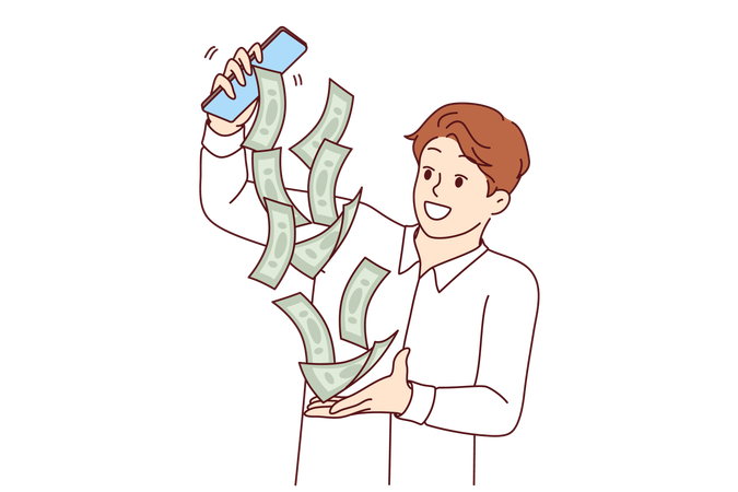 Geschäftsmann verdient Geld mit dem Mobiltelefon und erhält Bargeld, das aus dem Smartphone-Bildschirm fließt  Illustration