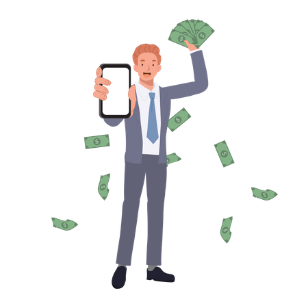 Geschäftsmann verdient Geld mit mobiler App  Illustration