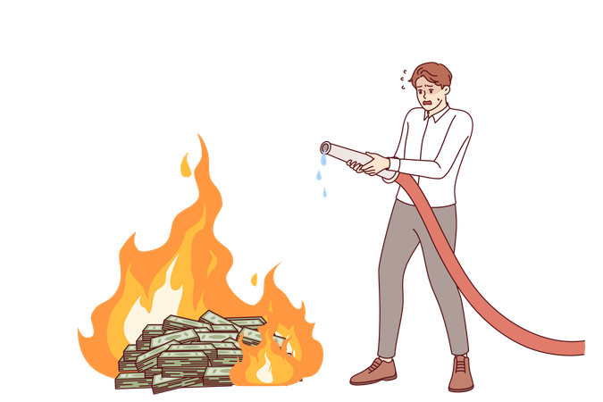 Geschäftsmann versucht, dem Bankrott zu entkommen und löscht brennendes Geld mit Feuerwehrschlauch  Illustration