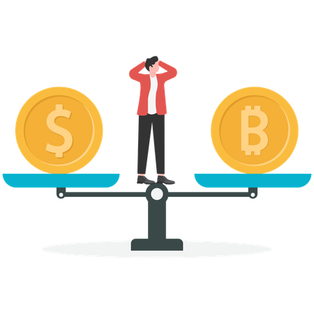 Geschäftsleute versuchen, Investitionen in Dollar und digitale Bitcoins auszugleichen  Illustration