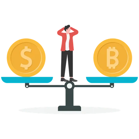 Geschäftsleute versuchen, Investitionen in Dollar und digitale Bitcoins auszugleichen  Illustration