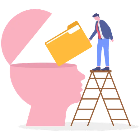 Geschäftsmann wählt Ordner aus kreativem Kopf  Illustration