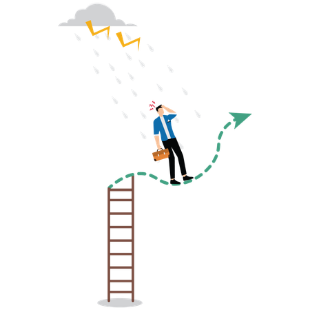 Geschäftsmann wird im Regen nass, während er ohne Regenschirm auf einem Aktiendiagramm steht  Illustration