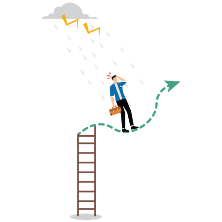 Geschäftsmann wird im Regen nass, während er ohne Regenschirm auf einem Aktiendiagramm steht  Illustration