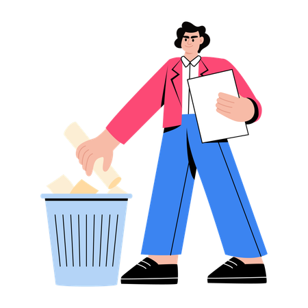 Geschäftsmann wirft Papiermüll in Mülltonne  Illustration