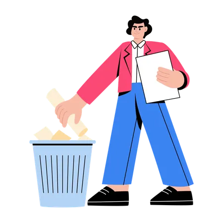 Geschäftsmann wirft Papiermüll in Mülltonne  Illustration