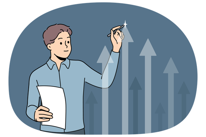 Geschäftsmann zeichnet auf virtuellem Bildschirm einen Pfeil nach oben und analysiert das Wachstum durch Unternehmensinvestitionen  Illustration