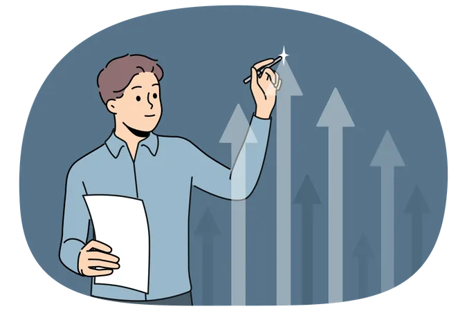 Geschäftsmann zeichnet auf virtuellem Bildschirm einen Pfeil nach oben und analysiert das Wachstum durch Unternehmensinvestitionen  Illustration