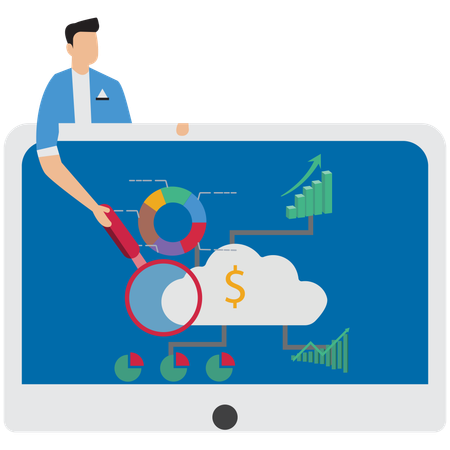 Geschäftsmann zeigt Balkendiagramm auf laptop  Illustration