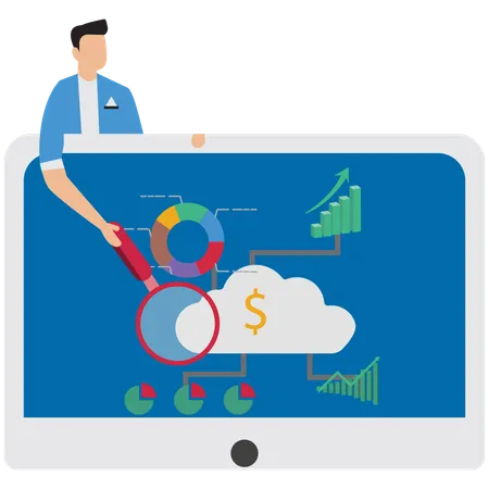 Geschäftsmann zeigt Balkendiagramm auf laptop  Illustration