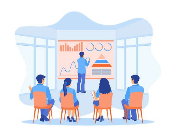 Geschäftsmann zeigt Diagramm auf Projektionsleinwand  Illustration