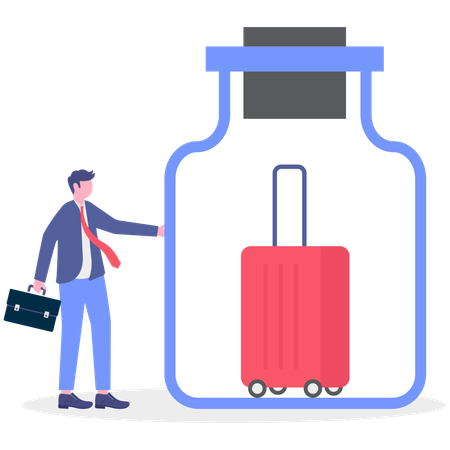 Geschäftsmann zeigt Reisetasche in Flasche  Illustration