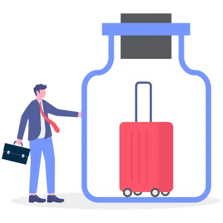Geschäftsmann zeigt Reisetasche in Flasche  Illustration