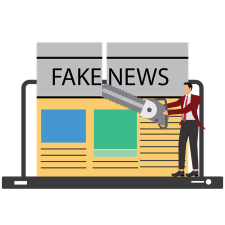 Geschäftsmann zerschnitt Fake News mit elektrischer Säge  Illustration