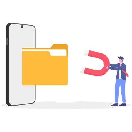 Geschäftsmann zieht Ordner vom Handy an  Illustration