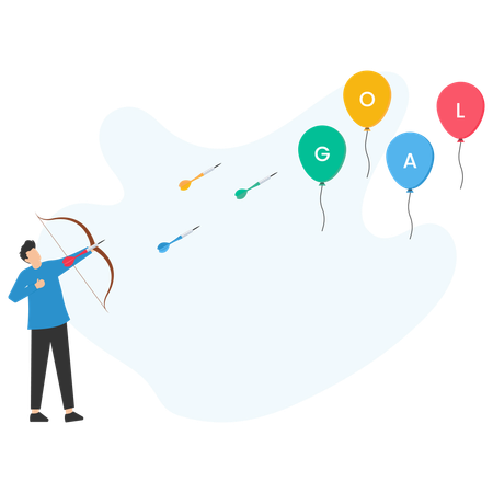 Geschäftsmann zielt mit Pfeil und Bogen auf Zielballons  Illustration