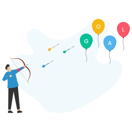 Geschäftsmann zielt mit Pfeil und Bogen auf Zielballons  Illustration