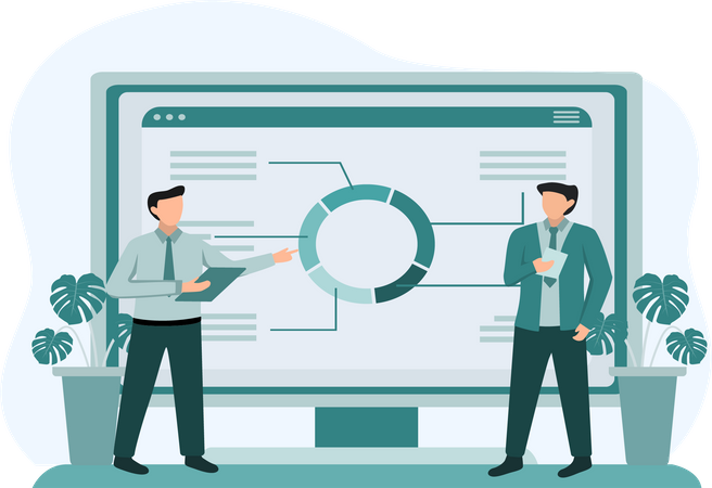 Geschäftspartner diskutieren über Analysedaten  Illustration