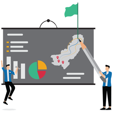 Geschäftspartner überlegen auf Diagrammpapier, wie sie am besten zum Erfolg gelangen  Illustration