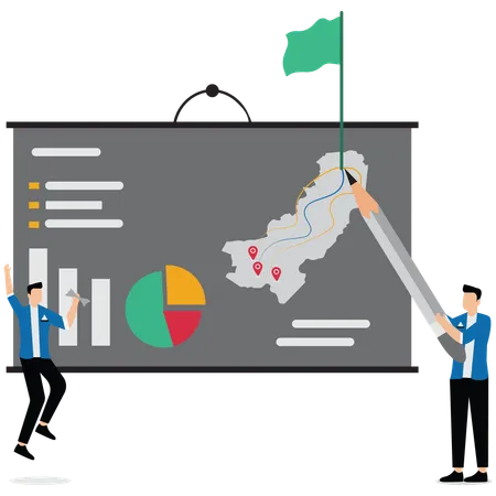 Geschäftspartner überlegen auf Diagrammpapier, wie sie am besten zum Erfolg gelangen  Illustration