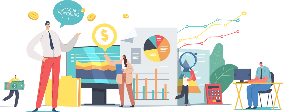 Geschäftsteam analysiert Daten und recherchiert Finanzbericht  Illustration