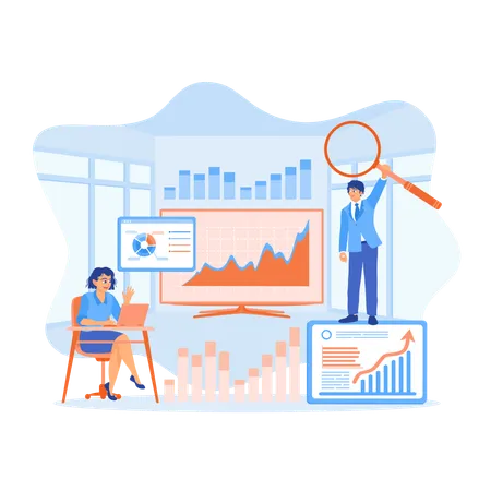 Geschäftsteam arbeitet am Monitor, um Diagramm-Dashboard anzuzeigen  Illustration