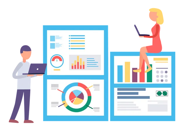 Geschäftsteam arbeitet an Analysediagrammen  Illustration