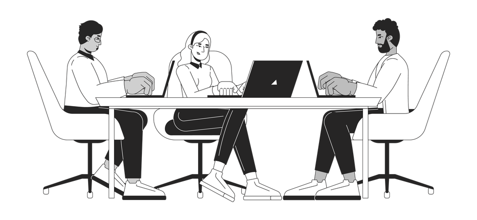 Ein Business-Team aus multiethnischen Mitarbeitern arbeitet an Laptops  Illustration