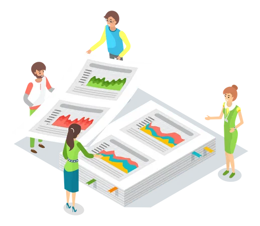 Geschäftsteam diskutiert Datenanalyse  Illustration