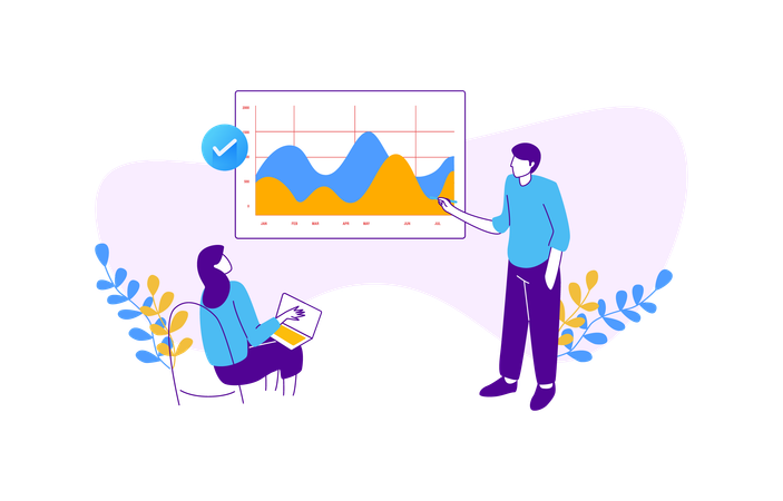 Geschäftsteam diskutiert Datenstatistiken  Illustration