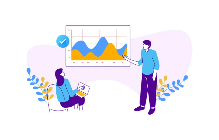 Geschäftsteam diskutiert Datenstatistiken  Illustration