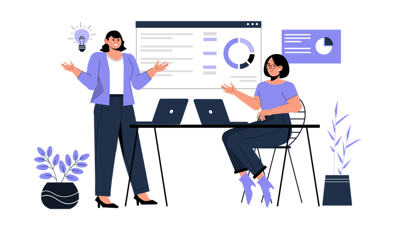 Geschäftsteam diskutiert über Analysediagramm  Illustration