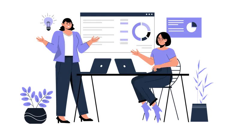 Geschäftsteam diskutiert über Analysediagramm  Illustration